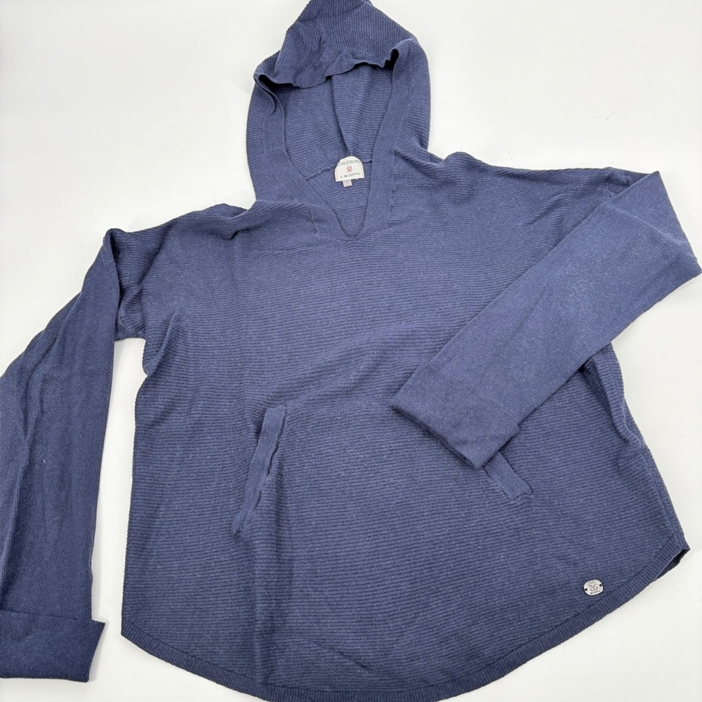 SIONI Athleisure Ribbed Knit Hoodie Pullover Top Size L Navy Blue V-Neck